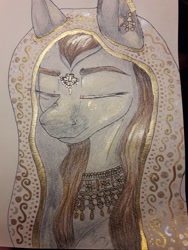 Size: 774x1032 | Tagged: safe, artist:clarissa0210, oc, oc:silver storm, species:pony, bust, clothing, female, headscarf, indian, jewelry, mare, portrait, scarf, solo, traditional art