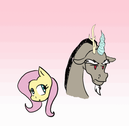 Size: 420x411 | Tagged: safe, artist:zlayd-oodles, character:discord, character:fluttershy, species:draconequus, ship:discoshy, animated, blushing, bust, clip studio paint, cute, dilated pupils, discute, female, floppy ears, frame by frame, gif, gradient background, head turn, looking at each other, male, open mouth, portrait, shipping, shyabetes, straight, sweat, sweatdrop