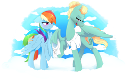 Size: 14189x9036 | Tagged: safe, artist:zlayd-oodles, character:rainbow dash, character:zephyr breeze, species:pegasus, species:pony, absurd resolution, blushing, clothing, cloud, cute, eye clipping through hair, feather fingers, female, high res, lidded eyes, male, shipping, shirt, sky, standing on a cloud, straight, t-shirt, tsunderainbow, tsundere, wing hands, wing hold, zephdash