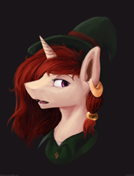 Size: 1280x1679 | Tagged: safe, artist:lilac, oc, oc only, species:pony, species:unicorn, bust, clothing, ear piercing, earring, hat, jewelry, piercing, portrait, red mane, solo, witch hat