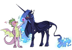Size: 3033x2100 | Tagged: safe, artist:dashkatortik12222222, character:princess luna, character:spike, species:alicorn, species:bat pony, species:classical unicorn, species:dragon, species:pony, alternate design, bat pony alicorn, bat wings, blushing, blushing profusely, cloven hooves, cute, dappled, dragon wings, duo, ear fluff, ethereal mane, female, flower, flowing mane, galaxy mane, heart, interspecies, leonine tail, long horn, male, mare, missing accessory, older, older spike, pointy horn, shipping, spiluna, straight, unshorn fetlocks, winged spike, wings