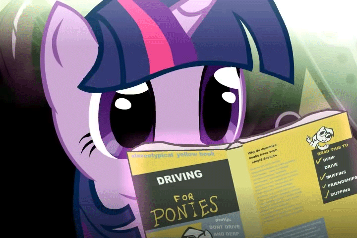 Size: 720x480 | Tagged: safe, artist:vapgames, character:derpy hooves, character:twilight sparkle, species:pony, animated, anime reference, department of redundancy department, derp, doodle, driving for ponies, female, for dummies, gif, mare, protip, reading, redline, this will end with a blown engine, this will not end well