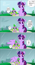 Size: 1800x3354 | Tagged: safe, artist:alpaca-pharaoh, character:spike, character:twilight sparkle, character:twilight sparkle (alicorn), species:alicorn, species:pony, chinese, cute, heartwarming, rain, spikelove, standing, translated in the description