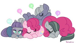 Size: 1280x733 | Tagged: safe, artist:purrling, character:limestone pie, character:marble pie, character:maud pie, character:pinkie pie, species:pony, ..., cuddle puddle, cuddling, cute, diapinkes, eyes closed, limabetes, marblebetes, maudabetes, no pupils, pie sisters, pony pile, siblings, simple background, sisters, sleeping, transparent background