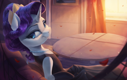 Size: 4000x2550 | Tagged: safe, artist:vanillaghosties, character:rarity, species:pony, species:unicorn, episode:the gift of the maud pie, g4, my little pony: friendship is magic, beautiful, clothing, cute, female, holly golightly, jewelry, mare, necklace, pearl necklace, solo