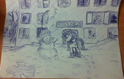 Size: 1280x824 | Tagged: safe, artist:taika403, character:bon bon, character:lyra heartstrings, character:sweetie drops, character:twilight sparkle, oc, species:human, clothing, cyrillic, monochrome, night, pharmacy, russian, snow, snow angel, snowman, street lamp, traditional art, tree, winter