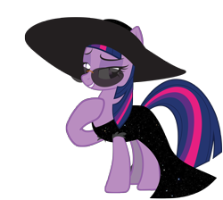 Size: 790x707 | Tagged: safe, artist:greycat-rademenes, character:twilight sparkle, species:pony, black dress, clothing, dress, female, hat, hoof on chest, mare, simple background, smiling, solo, sunglasses, transparent background, vector