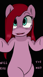 Size: 638x1131 | Tagged: safe, artist:pinkiesheen, edit, character:pinkamena diane pie, character:pinkie pie, species:earth pony, species:pony, bipedal, black background, female, hug, looking at you, mare, no catchlights, question, question mark, simple background, smiling, solo, text, text edit, yes