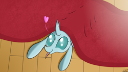 Size: 1920x1080 | Tagged: safe, artist:tazool, derpibooru original, character:ocellus, species:changeling, species:reformed changeling, cute, diaocelles, female, floor, heart, hiding, insect, love, lying down, morning, playful, rug, smiling, solo, tongue out, wooden floor