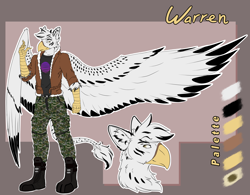 Size: 3200x2500 | Tagged: safe, artist:fizzwings, oc, oc:warren, species:anthro, beak, bomber jacket, boots, camouflage, clothing, hybrid, impossibly large wings, jacket, leonine tail, original species, reference sheet, shirt, shoes, stripes, talons, wings, zebragriff, zerb