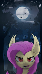 Size: 1080x1920 | Tagged: safe, artist:probaldr, character:flutterbat, character:fluttershy, species:bat pony, species:pony, bat ponified, bust, drool, fangs, female, forest, frown, full moon, licking, licking lips, looking at you, mare, moon, night, open mouth, outdoors, race swap, red eyes, slit eyes, solo, tongue out