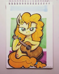 Size: 1080x1351 | Tagged: safe, artist:cosmotic1214, character:pear butter, species:pony, female, flower, flower in hair, guitar, marker drawing, mother, mother's day, solo, traditional art