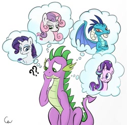 Size: 665x653 | Tagged: safe, artist:cogweaver, character:princess ember, character:rarity, character:spike, character:starlight glimmer, character:sweetie belle, species:dragon, species:pony, species:unicorn, ship:emberspike, ship:sparity, ship:sparlight, ship:spikebelle, :t, bedroom eyes, colored, confused, cropped, cute, cutie mark, dragoness, emberbetes, exploitable meme, eyes closed, female, floppy ears, frown, funny, funny as hell, gritted teeth, harem, male, meme, older, older spike, open mouth, question mark, scrunchy face, shipping, signature, simple background, smiling, spikabetes, spike gets all the mares, straight, the cmc's cutie marks, thinking, thought bubble, tsundember, tsundere, white background, with great power comes great shipping, worried