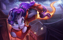 Size: 4000x2550 | Tagged: safe, artist:vanillaghosties, character:starlight glimmer, species:pony, species:unicorn, cheongsam, chinatown, chinese new year, clothing, cute, dress, female, fireworks, glimmerbetes, kimono (clothing), mare, new year, rocket, smiling, solo, this will end in explosions