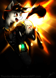 Size: 2550x3510 | Tagged: safe, artist:thunder-stream, oc, oc only, oc:blackjack, species:pony, species:unicorn, fallout equestria, fallout equestria: project horizons, 2015, explosion, fanfic art, female, fire, high res, mare, open mouth, pipbuck