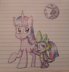Size: 1971x2059 | Tagged: safe, artist:artistathefilly, character:spike, character:twilight sparkle, species:dragon, species:pony, lined paper, mare in the moon, moon, traditional art