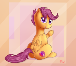 Size: 1500x1300 | Tagged: safe, artist:ponyxwright, character:scootaloo, species:pegasus, species:pony, abstract background, cutie mark, dock, female, filly, looking back, raised hoof, sitting, smiling, solo, the cmc's cutie marks, underhoof