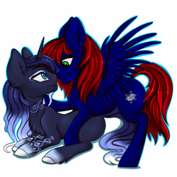 Size: 4000x4000 | Tagged: safe, artist:athenawhite, oc, oc only, oc:mystic shadow, oc:night coder, species:pegasus, species:pony, species:unicorn, female, horn, looking at each other, looking back, mare, shipping, simple background, smiling, white background, wings, ych result
