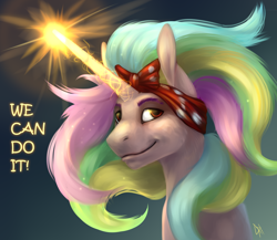 Size: 1500x1300 | Tagged: safe, artist:yarugreat, character:princess celestia, species:alicorn, species:pony, female, glowing horn, magic, mare, motivational, positive ponies, reference, rosie the riveter, smiling, solo, we can do it!, world war ii