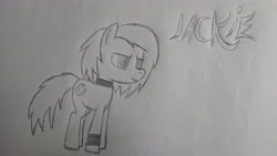 Size: 4096x2304 | Tagged: safe, artist:symphonydawn3, oc, oc only, oc:jackie spectre, species:earth pony, species:pony, collar, female, mare, smiling, solo, text, traditional art, wristband