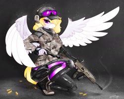 Size: 1982x1586 | Tagged: safe, artist:ark nw, oc, oc only, species:anthro, species:pegasus, species:pony, autograph, blonde, boots, bullet, bushmaster acr, camouflage, clothing, commission, female, gloves, goggles, gun, gun holster, handgun, hat, headset, military, military pony, military uniform, pistol, purple eyes, rainbow six siege, shirt, shoes, solo, ubisoft, uniform, weapon, wings