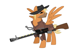 Size: 2704x1940 | Tagged: safe, artist:vanripper, oc, oc only, oc:calamity, species:pegasus, species:pony, fallout equestria, badass, battle saddle, clint, clothing, cowboy hat, dashite, fanfic, fanfic art, gun, hat, hooves, male, rifle, saddle bag, simple background, spitfire's thunder, spread wings, stallion, transparent background, weapon, wings