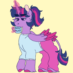 Size: 1000x1000 | Tagged: safe, artist:sodaaz, character:twilight sparkle, character:twilight sparkle (alicorn), species:alicorn, species:pony, alternate hairstyle, best aunt ever, cheek fluff, clothing, colored hooves, ear fluff, female, hooves, leonine tail, magic, mare, messy mane, mug, pants, ponytail, raised hoof, simple background, solo, telekinesis, two toned wings, unshorn fetlocks, yellow background