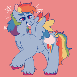 Size: 1000x1000 | Tagged: safe, artist:sodaaz, character:rainbow dash, species:pegasus, species:pony, februpony, cheek fluff, chest fluff, ear fluff, female, hooves, leg fluff, raised hoof, red background, shoulder fluff, simple background, solo, stars, two toned wings, unshorn fetlocks