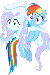 Size: 3500x5276 | Tagged: safe, artist:aeonkrow, character:fluttershy, character:rainbow dash, species:pony, episode:ail-icorn, spoiler:interseason shorts, absurd resolution, carrying, duo, female, fluttercold, flying, frozen, holding a pony, ice, icicle, mare, simple background, snow, stare, transparent background, vector