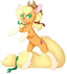 Size: 1808x2000 | Tagged: safe, artist:aliceub, character:applejack, species:earth pony, species:pony, alternate cutie mark, alternate design, applejack's hat, clothing, colored pupils, cowboy hat, female, generation leap, hair tie, hat, mare, open mouth, rearing, redesign, simple background, socks (coat marking), solo, white background