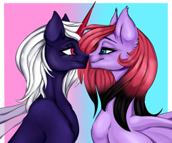 Size: 3000x2500 | Tagged: safe, artist:athenawhite, oc, oc only, oc:chiarezza, oc:rosachara, species:bat pony, species:pony, bat pony oc, bedroom eyes, boop, female, imminent kissing, imminent mlems, lesbian, looking at each other, mare, missing accessory, noseboop, not an alicorn, nuzzling, oc x oc, prosthetic horn, prosthetics, shipping, transparent wings, ych result