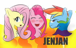Size: 2200x1400 | Tagged: safe, artist:jenjan23all, character:fluttershy, character:pinkie pie, character:rainbow dash, species:pony, eyes closed, happy face, serious, serious face, venezuela