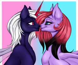 Size: 3000x2500 | Tagged: safe, artist:athenawhite, oc, oc only, oc:chiarezza, oc:rosachara, species:bat pony, species:pony, bat pony oc, bedroom eyes, boop, female, imminent kissing, imminent mlems, lesbian, licking, looking at each other, mare, missing accessory, mlem, noseboop, not an alicorn, nuzzling, oc x oc, prosthetic horn, prosthetics, shipping, silly, tongue out, transparent wings, ych result