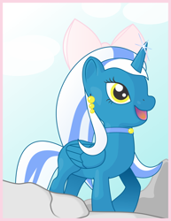 Size: 720x935 | Tagged: safe, artist:aquilateagle, oc, oc:fleurbelle, species:alicorn, species:pony, alicorn oc, bow, choker, cloud, cute, female, folded wings, hair bow, happy, jewelry, long hair, long mane, long tail, mare, mouth, open mouth, ribbon, rock, sweet, toy, wings, yellow eyes