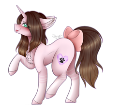Size: 2085x1851 | Tagged: safe, artist:dawndream2003, oc, oc only, oc:cindy, species:pony, species:unicorn, bow, chest fluff, female, mare, raised hoof, simple background, solo, tail bow, tongue out, transparent background