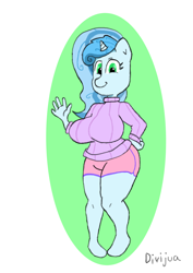Size: 2480x3508 | Tagged: safe, artist:divijua, oc, species:anthro, species:pony, species:unicorn, anthro oc, big breasts, breasts, clothing, female, huge breasts, solo, sweater, waving