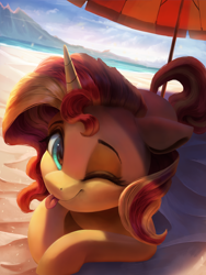 Size: 3000x4000 | Tagged: safe, artist:vanillaghosties, character:sunset shimmer, species:pony, species:unicorn, beach, beach umbrella, blep, blurred background, cloud, cute, detailed, eyelashes, female, floppy ears, high res, hnnng, horn, looking at you, mare, ocean, one eye closed, outdoors, prone, sand, shimmerbetes, silly, smiling, solo, tongue out, umbrella, water, wink