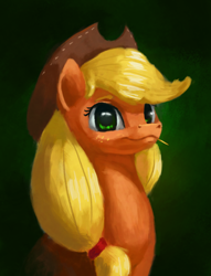 Size: 2560x3352 | Tagged: safe, artist:terrafomer, character:applejack, species:earth pony, species:pony, applejack's hat, bust, clothing, cowboy hat, female, hair tie, hat, portrait, smiling, solo, toothpick