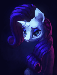 Size: 2560x3352 | Tagged: safe, artist:terrafomer, character:rarity, species:pony, species:unicorn, bust, dark background, dramatic lighting, female, horn, moue, portrait, smiling, solo
