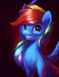 Size: 2560x3352 | Tagged: safe, artist:terrafomer, character:rainbow dash, species:pegasus, species:pony, bust, dark background, female, grin, portrait, smiling, solo, spread wings, wings