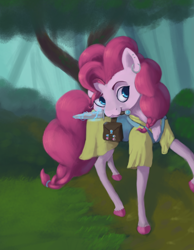 Size: 2560x3300 | Tagged: safe, artist:terrafomer, character:pinkie pie, species:earth pony, species:pony, :3, bard, bard pie, bow, clothing, cutie mark, dagger, fantasy class, female, forest, hair bow, magic, magic weapon, saddle bag, solo, weapon