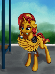 Size: 2560x3404 | Tagged: safe, artist:terrafomer, character:sunset shimmer, species:alicorn, species:pony, my little pony:equestria girls, alicornified, bench, cigarette, clothing, cutie mark, female, horn, lighter, race swap, shimmercorn, smoking, solo, wing hold, wings