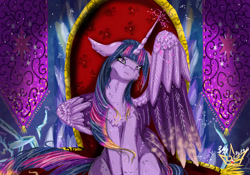 Size: 2927x2049 | Tagged: safe, artist:martazap3, character:twilight sparkle, character:twilight sparkle (alicorn), species:alicorn, species:pony, banner, cheek fluff, chest fluff, cutie mark, female, floppy ears, horn, magic, mare, signature, sitting, solo, tapestry, throne, two toned wings, wings