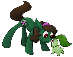 Size: 3376x2638 | Tagged: safe, artist:marly-kaxon, oc, oc only, oc:nahuelina, species:pony, species:unicorn, chikorita, crossover, female, freckles, headband, kneeling, looking at each other, mare, pokémon, simple background, smiling, transparent background