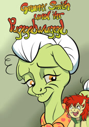 Size: 1024x1463 | Tagged: safe, artist:steveskunk, character:granny smith, oc, oc:pugglwuggl, species:pony, comic cover, equold, smiling