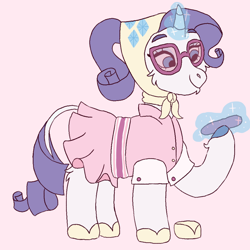 Size: 1000x1000 | Tagged: safe, artist:sodaaz, character:rarity, species:classical unicorn, species:pony, species:unicorn, episode:sleepless in ponyville, g4, my little pony: friendship is magic, alternate hairstyle, bonnet, cheek fluff, chin fluff, clothing, cloven hooves, curved horn, cute, dress, eyebrows, eyelashes, female, glasses, glowing horn, headscarf, hoof fluff, horn, leg fluff, leonine tail, levitation, magic, mare, nail file, no catchlights, outfit catalog, pink background, ponytail, raised hoof, raribetes, scarf, shoes, simple background, smiling, solo, telekinesis, unshorn fetlocks, white background