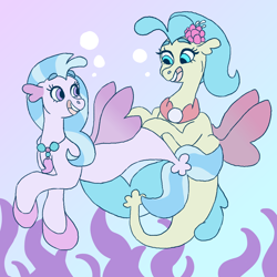 Size: 1000x1000 | Tagged: safe, artist:sodaaz, character:princess skystar, character:silverstream, species:seapony (g4), my little pony: the movie (2017), bubble, clothing, cousins, cute, dawwww, diastreamies, duo, eyebrows, eyelashes, female, jewelry, necklace, no catchlights, open mouth, skyabetes, smiling, swimming, underwater