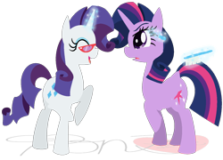 Size: 1374x988 | Tagged: safe, artist:mylittlepon3lov3, character:rarity, character:twilight sparkle, character:twilight sparkle (alicorn), species:alicorn, species:pony, species:unicorn, alternate hairstyle, brush, glasses, glasses rarity, magic, rarity's glasses, simple background, transparent background