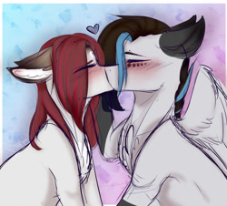 Size: 900x814 | Tagged: safe, artist:dawndream2003, oc, oc only, oc:bogisafe, oc:silver spark, species:earth pony, species:pegasus, species:pony, blushing, female, kissing, male, mare, stallion