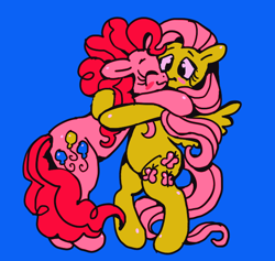 Size: 626x594 | Tagged: safe, artist:echobone, character:fluttershy, character:pinkie pie, species:earth pony, species:pegasus, species:pony, ship:flutterpie, blue background, blushing, cute, diapinkes, female, hug, kidcore, kissing, lesbian, mare, shipping, shyabetes, simple background, wings